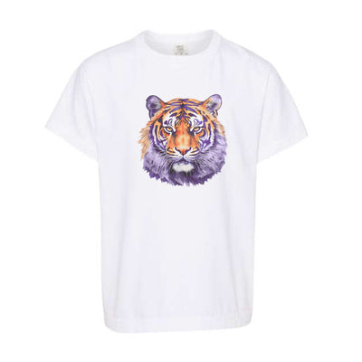 Watercolor Tiger Purple & Orange | Youth White Tee