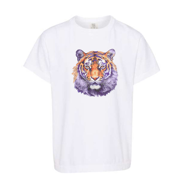 Watercolor Tiger Purple & Orange | Youth White Tee