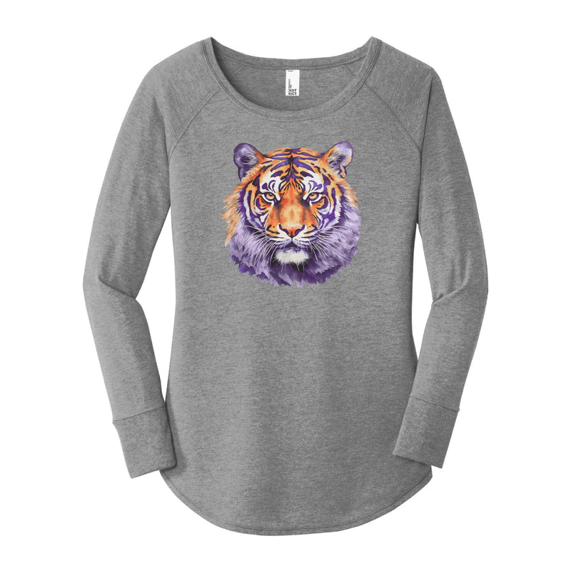 Watercolor Tiger Purple & Orange | Grey Frost Long Sleeve Tunic Tee