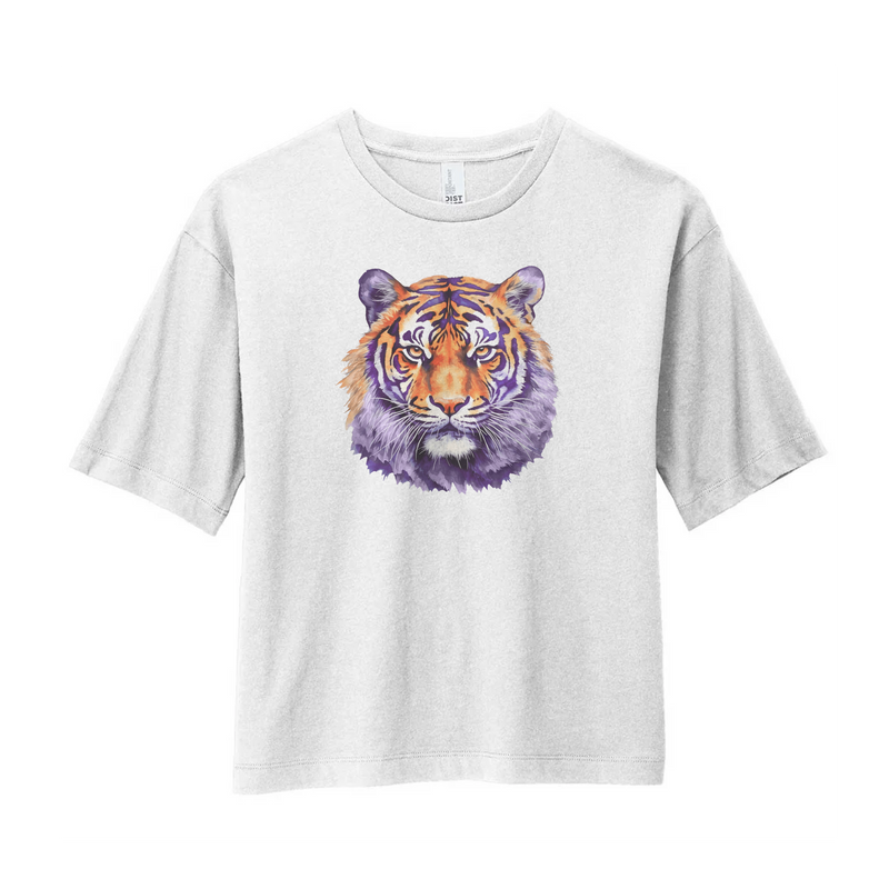 Watercolor Tiger Purple & Orange | White Boxy Tee