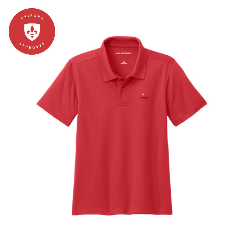 The Curé of Ars Logo | Embroidered Rich Red Youth Micro-Mesh Polo